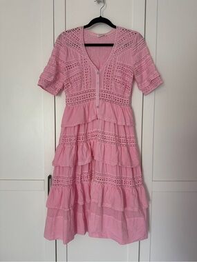 LoveShackFancy Pink Cotton Eyelet Tiered Button-Front Midi Dress Size XXS